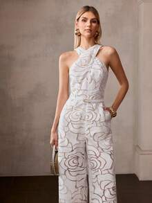 MOTF PREMIUM FASHIONABLE WAIST-CINCHED SLIMMING 3D FLORAL CROSS DESIGN WOMEN'S JUMPSUIT - White - View 4