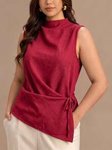 Franclia Blusa casual elegante para mujer para ir al trabajo sin mangas con textura de lino sintético, anudada al frente y plisada - Burdeos - Ver 6