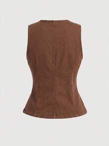 SHEIN MOD 女款單排扣休閒百搭日常牛仔上衣 - 棕色 - 查看 2