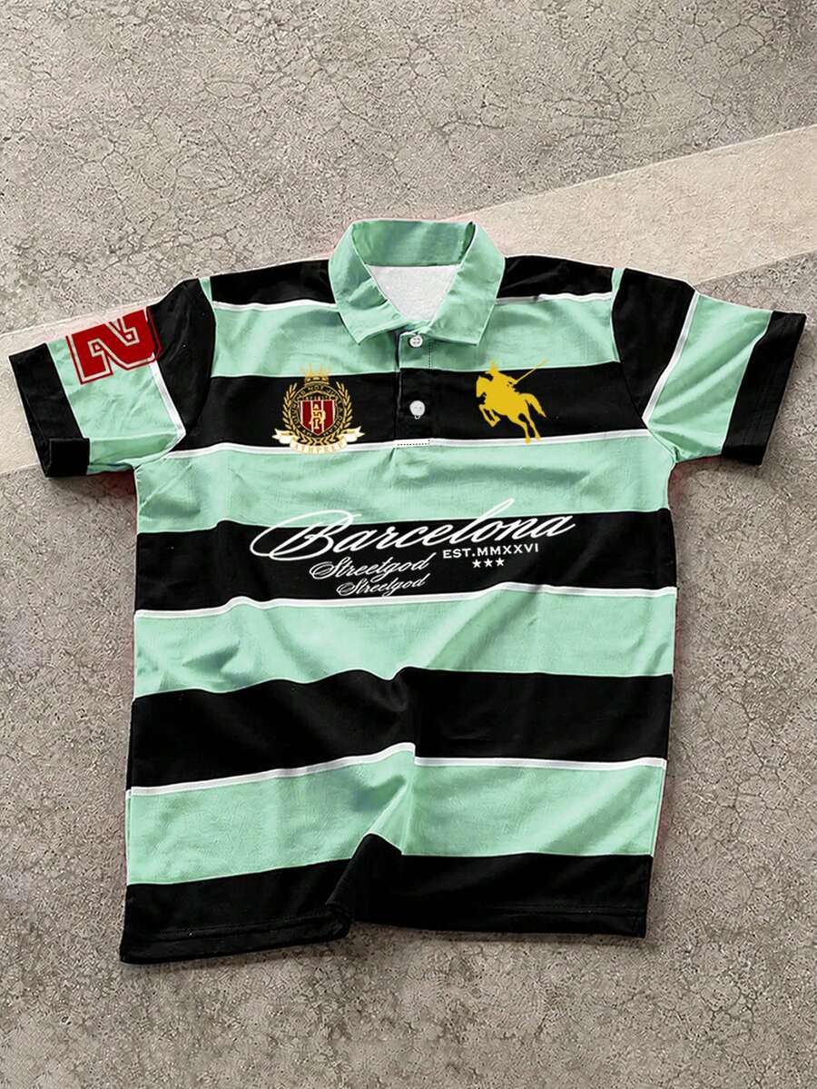 Manfinity EMRG 男士字母條紋短袖休閒通勤 Polo 衫 - 彩色 - 查看 1