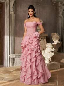 Aureia Elegant Glamorous Fashionable Dark Pink Lace Patchwork Organza Ruffle Ruched Bust Layered Ruffle A-Line Women's Formal Evening Gown - Pink - View 6