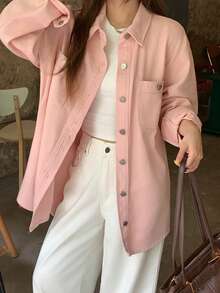 Livesso 女款粉色寬鬆口袋設計休閒日常街頭風甜美粉色牛仔上衣秋季 - 粉色 - 查看 2