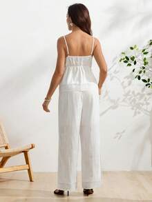 SHEIN 孕婦夏季休閒純色細肩帶背心與開衩長褲哺乳兩件套 - 白色 - 查看 2