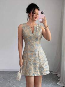 Elenzga Women's Spring/Summer Exquisite Elegant Commute Banquet Party Street French V-Neck Sleeveless Small A-Line Waist-Cinching Jacquard Short Dress - Green - View 6