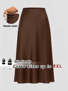 SHEIN CURVE+ 大尺碼女款純色優雅裙，適合通勤穿著 - 棕色 - 查看 3