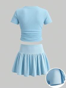 Tween Girls 2pcs/Set Solid Color Round Neck Fashion Short Sleeve T-Shirt And Mini Skirt Casual Set Back To School, Summer, Minimalist, Comfortable - Blue - View 2