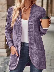 Louniche Women's Casual Ribbed Brushed Open Front Side Pocket Short Jacket - Purple - View 6