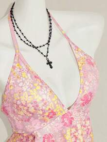 SHEIN ICON 碎花露背掛脖上衣 - 粉色 - 查看 7