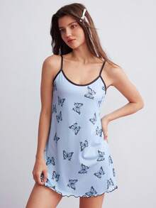 Elorette Butterfly Print Contrast Binding Lettuce Trim Cami Pajama Nightdress - Baby Blue - View 4