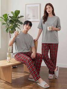 DAZY Grey T-Shirt Set With Men's Plaid Home Wear, Spring/Summer Pajama - Multicolor - View 4