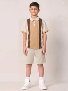 SHEIN 大童男孩 2件組休閒拼色拼接短袖 Polo 衫與鬆緊腰短褲套裝，適合秋冬春夏，適用戶外玩耍、上學、街頭穿搭、派對與居家休閒 - 棕色 - 查看 3