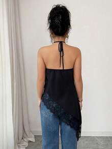 Elenzga Plus Size Solid Black Satin Halter Tie Backless Lace Patchwork Asymmetrical Hem Cami Tank Top Women Summer Going Out Top - Black - View 2