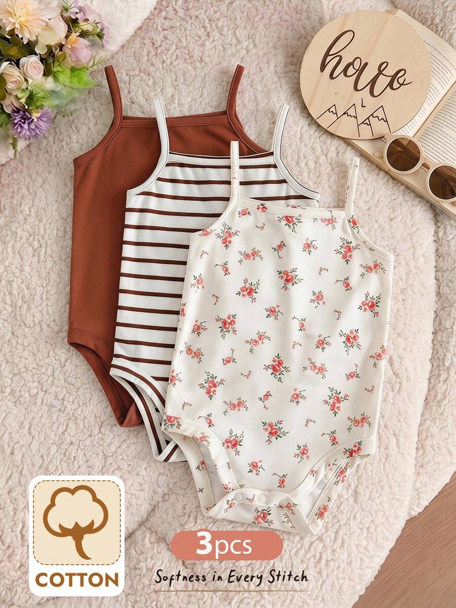 Cozy Pixies 3pcs/Set Babygirl Casual Minimalist Knit Floral & Striped Sling Bodysuit