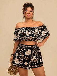 Travachic TRVLCHIC Plus Size Floral Print Off Shoulder Cropped Top And Wrap Shorts 2-Piece Set, Casual Boho Holiday Two Piece Women Brunch Outfit Summer Black - Multicolor - View 5