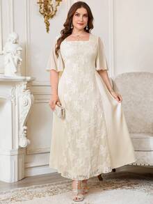 Reflora Plus Size Women Square Neck Jacquard Casual Party Summer Dress - Apricot - View 9