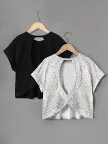 SHEIN Tween女孩 2件組休閒時尚露背交叉後背設計復古灰色豹紋圓領肩對肩短袖寬鬆版型T恤，返校季母女套裝童裝 - 彩色 - 查看 3