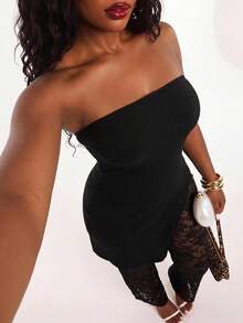 Radiana Plus Size Women's Sexy Elegant Black Lace 2-Piece Set High Elastic Thick Ribbed Bandeau Top And Lace Flare Pants Party Date Night Summer - Black - View 7