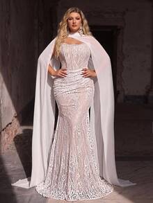 Glamrae Plus Size Elegant Classy Stretchy Lace Ruched Strapless Mermaid Dress Detachable Flounce Wedding Dinner Evening Formal Bachelorette Pink Winter - White - View 3
