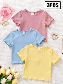 SHEIN [3件組]4-7歲女童，溫柔甜美風 / 清新百搭風 素色荷葉邊短袖輕量T恤，日常穿著 / 校園穿搭 / 春夏秋季童裝 - 彩色 - 查看 1