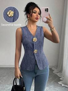 SHEIN Raffinéa 女款V領修身背心上衣，金色玫瑰鈕扣裝飾 - 紫色 - 查看 1