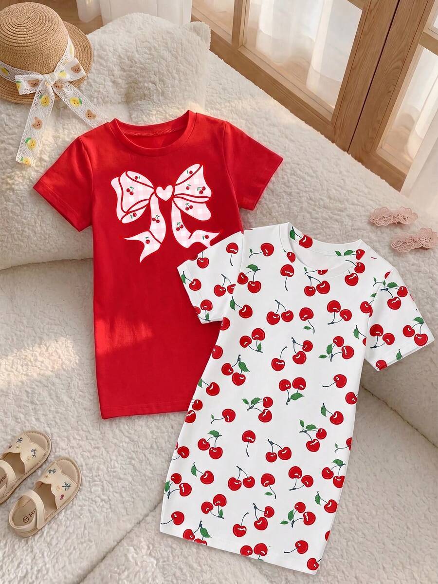2pcs/Set Girls Casual Fruit Cherry Print Short Sleeve T-Shirt Dress,Back-To-School School Comfortable Daily Wear,Suitable For Spring,Summer And Autumn - Multicolor - View 1