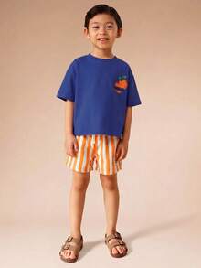 SUMWON Conjunto de verano a juego para niños con camiseta de cuello redondo de manga corta con estampado de frutas cítricas y pantalones cortos a rayas de talla grande - Multicolor - Ver 2