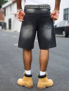 Manfinity EMRG Men's Black Distressed Ripped Paint Splatter Denim Shorts, Street Style Straight Leg Knee-Length - Black - View 2