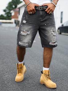 Manfinity EMRG Men's Black Distressed Ripped Paint Splatter Denim Shorts, Street Style Straight Leg Knee-Length - Black - View 5