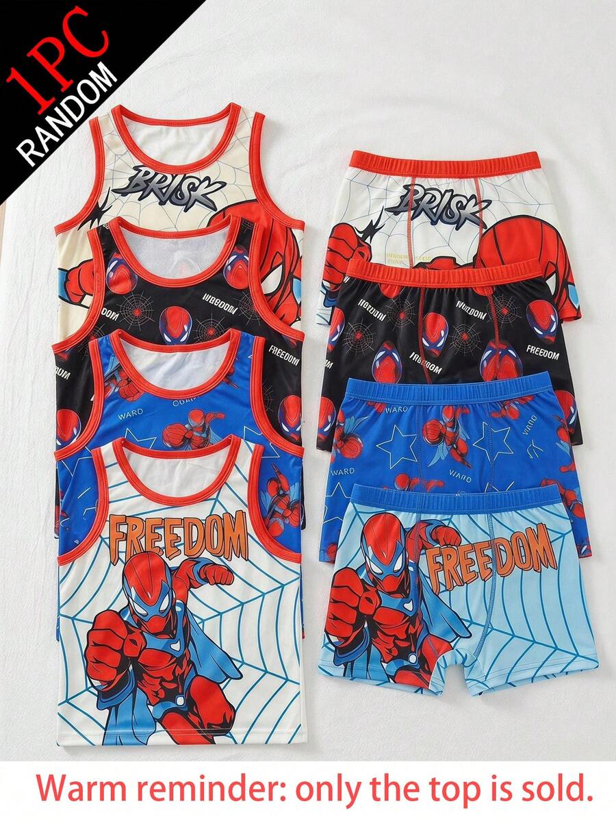 SHEIN 1 Set Young Boy Cartoon Superhero Sleeveless Tank Top Blind Box Style 4-In-1 Soft Skin-Friendly Knitted Fabric 1 Piece Picked Randomly From 4 Styles - Multicolor - View 1
