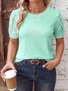 EMERY ROSE Women's Spring/Summer New Hot-Selling Lace Patchwork Design Casual Versatile Plus Size T-Shirt - Mint Green - View 5