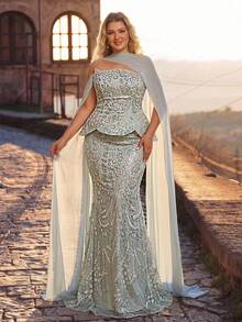 Glamrae Plus Size Elegant Classy Formal Luxurious Dusty Blue Cold Shoulder Hanging Sleeve 3D Floral Bead Sequin Lace Sexy Mermaid Evening Dress Wedding Winter - Baby Blue - View 9