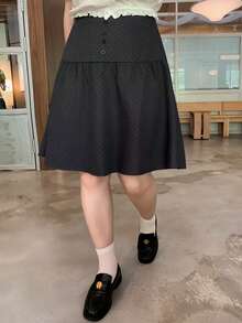 Dazy Plus 大尺碼女款波點學院風修身膝長 A 字休閒百搭裙，適合女孩校園穿著 - 深灰色 - 查看 2
