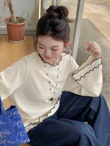 Dazy Plus Plus Size Solid Color Casual Loose Patchwork Double Layer Frill Trim Elegant Versatile Spring Summer Autumn 5-Sleeve T-Shirt Long Sleeve - Apricot - View 6