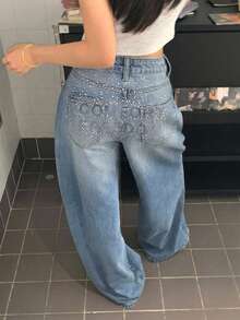 DAZY Atasan Jeans Kasual Gaya Korea Longgar Berhiaskan Rhinestone untuk Wanita - Biru - View 5
