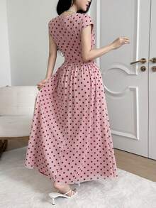 Feyla New French Vintage Polka Dot Cowl Neck Cinched Waist Flared Hem Soft Style Dress - Multicolor - View 9