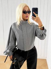 SHEIN EZwear 女款灰色立領燈籠袖短版夾克 - 灰色 - 查看 4