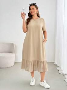 Shapeblank Plus-Size Women's Spring/Summer Fashion Casual Loose Comfortable Everyday Basic Versatile Slimming Black Short-Sleeved Chiffon Patchwork Mid-Length Dress,Summer Outfits,Pocket Dress,Simple Style - Apricot - View 4
