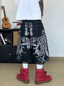 STEELVANCE 男士街頭風刺繡寬鬆直筒寬腿牛仔短褲（不含腰帶與配件） - 藍色 - 查看 7