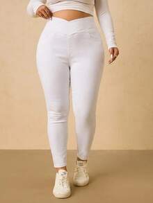 SHEIN Tall CURVE 大尺碼女款休閒百搭日常穿著牛仔褲，附口袋 - 白色 - 查看 4
