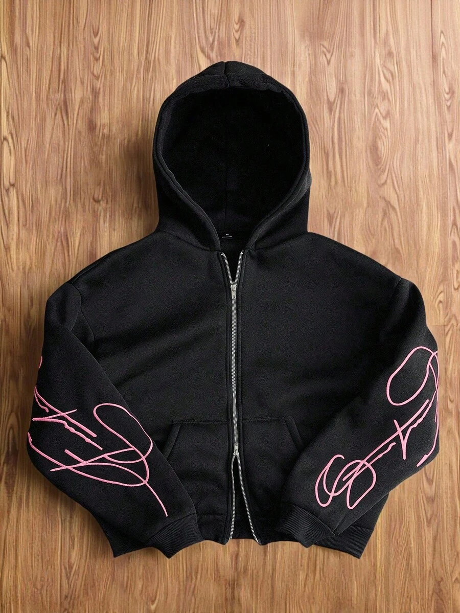 Manfinity Hypemode Men's White Creative Text Graphic Embroidered Metal Zipper Hoodie, Black - Black - View 1