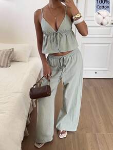 SHEIN EZwear 鼠尾草綠編織休閒熱帶風女款兩件套 度假夏季沙灘裝 - 綠色 - 查看 2