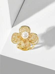 MOTF PREMIUM Anillo de flor hueca con apertura chapado en oro de 18K, nueva joyería de moda para mujer - Amarillo Oro - Ver 6