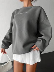 SHEIN Cottnline Sudadera Holgada Con Hombros Caídos Y Estampado De Eslogan - Gris - Ver 4