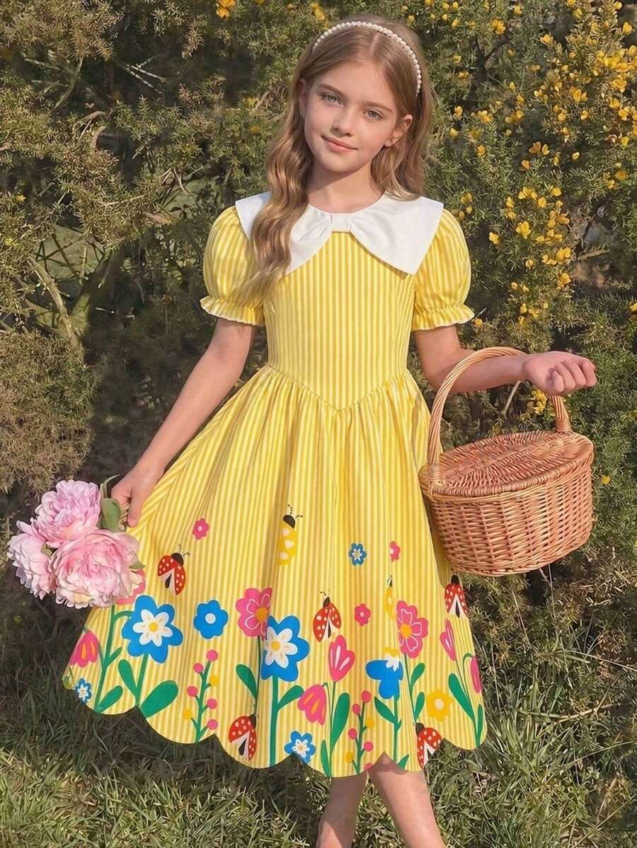SHEIN 青少年女孩黃色條紋洋裝,夏季彼得潘領配蝴蝶結,泡泡袖花卉印花公主風少女洋裝 - 黃色 - 查看 1