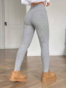SHEIN Tall CURVE Leggings de cintura ancha con superposición sólida, ropa de primavera talla grande - Gris - Ver 2