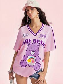 SHEIN X Care Bears Women's Letter Print V-Neck Raglan Short Sleeve T-Shirt, - Mauve Purple - View 4