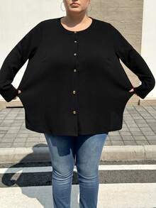 SHEIN CURVE+ 大尺碼休閒優雅傳統素色羅紋鈕扣T恤，2026冬季 22W - 黑色 - 查看 7