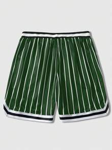 ROMWE MEN Prep Men's Letter Striped Drawstring Waist Casual Shorts - Green - View 2