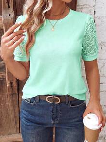 EMERY ROSE Women's Spring/Summer New Hot-Selling Lace Patchwork Design Casual Versatile Plus Size T-Shirt - Mint Green - View 1