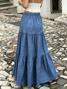 Jade & Ember Women's Drawstring Waist Ruched Casual Boho Versatile Everyday Skirt Picnic Vacation Denim Blue Fall - Blue - View 2